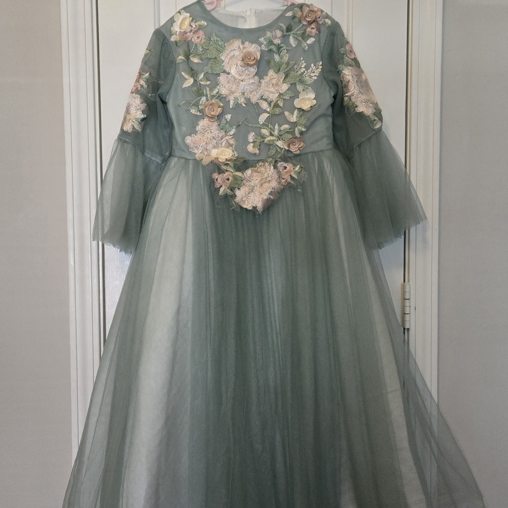 Elegant Floral Embroidered Kids Formal Dress - Green